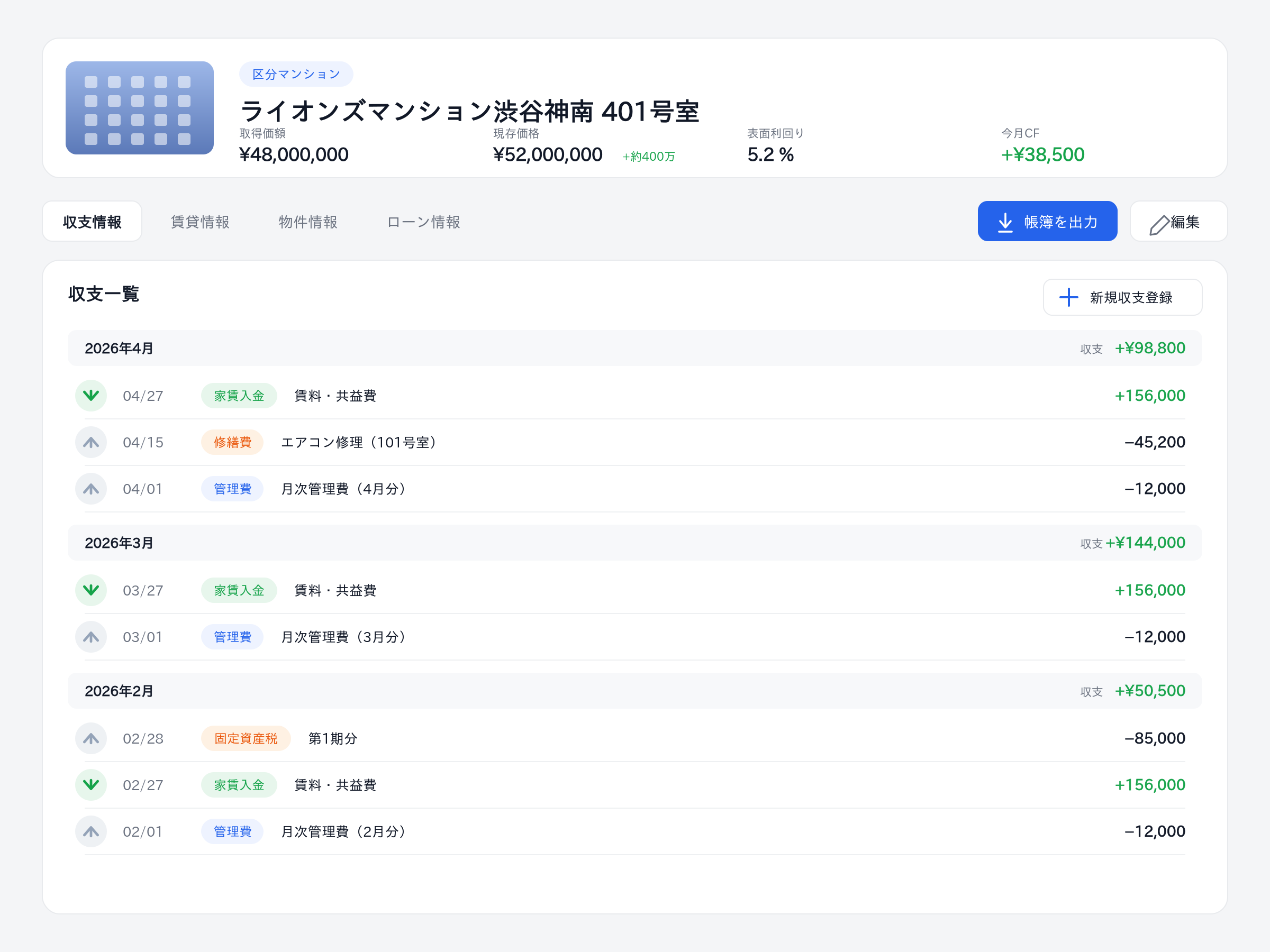 物件別の収支一覧と帳簿出力に対応した画面